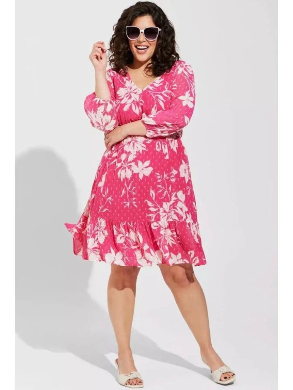 Torrid Pink White Floral Tropical Swiss Dot Chiffon Babydoll Boho Vacation Dress